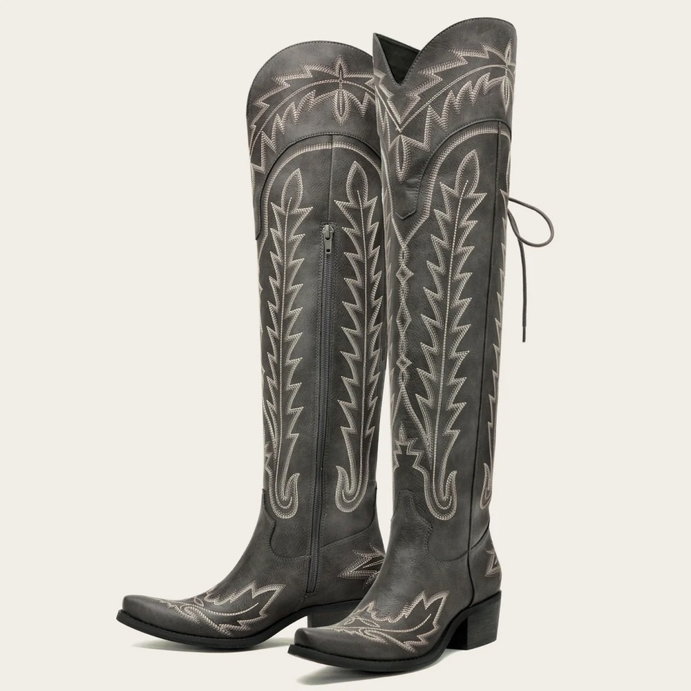 Tall Western Knee-High Wide Calf Cowgirl Boots in Charcoal Gray